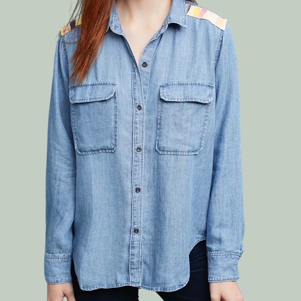 Rails Jimi Vintage Wash Chambray Blue Denim Button-Down, Aztec Epaulettes, Small